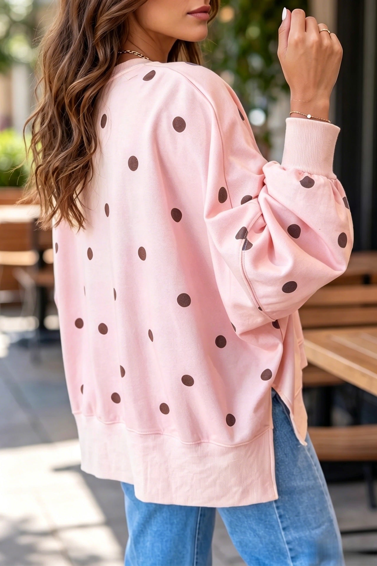 Oversized Color-Block Polka-Dot Print Pullover Sweatshirt