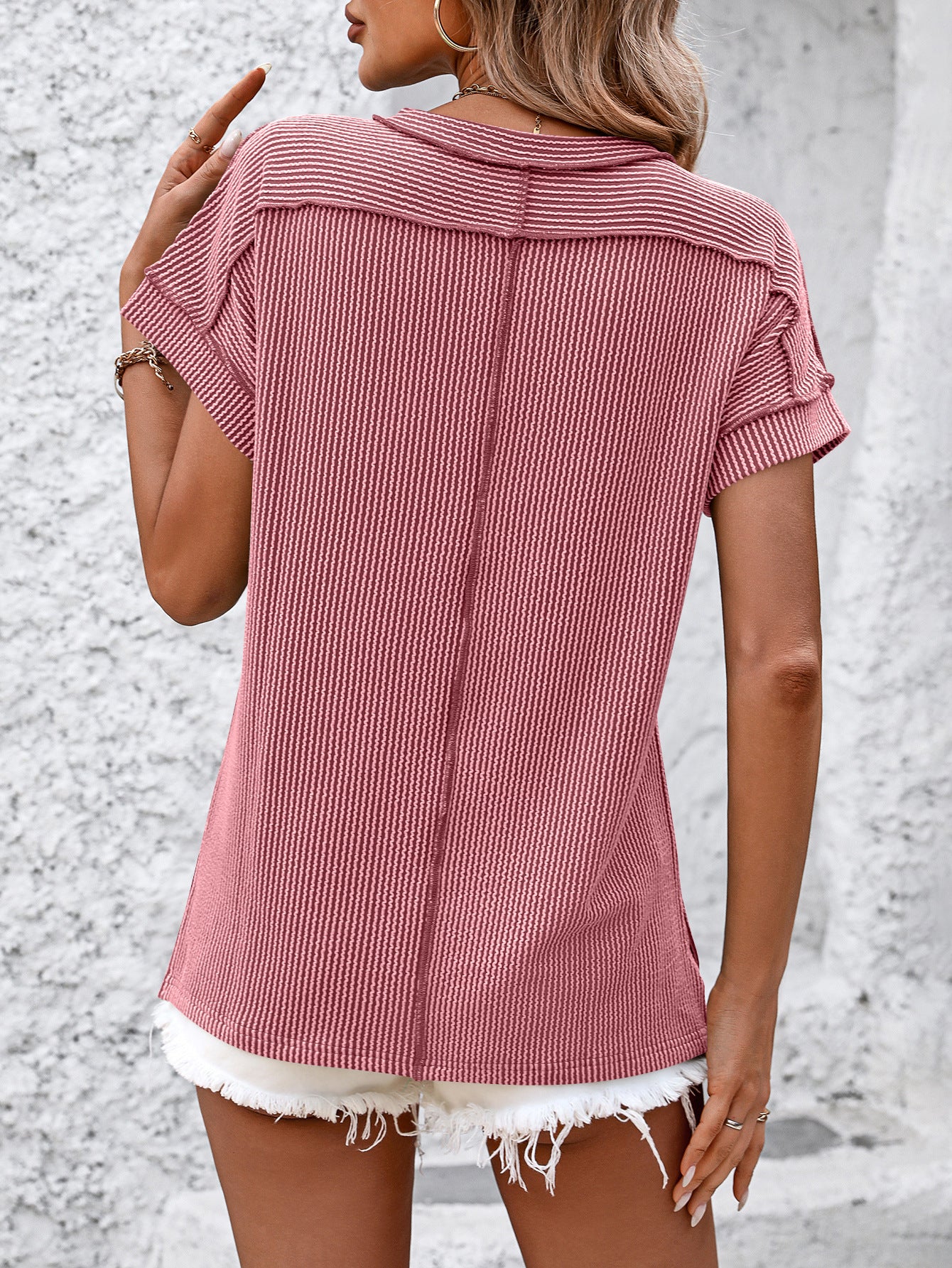 Exposed Seam Crew Neck Ribbed T-shirt-6 Colors