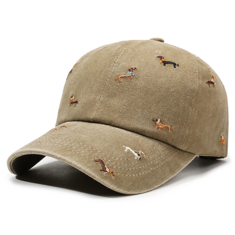 Vintage Distressed Baseball Cap with Puppy Embroidery