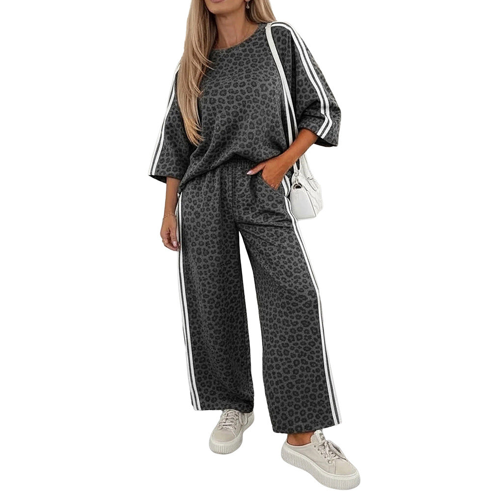 Leopard Print Varsity Striped Detail 3/4 Sleeve Top Shift Pant Set