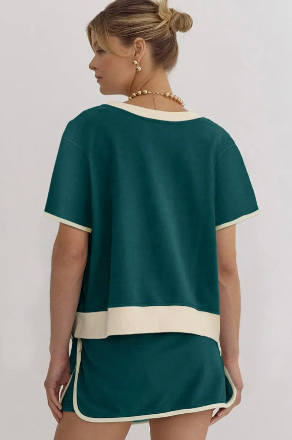 2Pcs Set Colorblock Edge Drop Shoulder T Shirt and Skirt