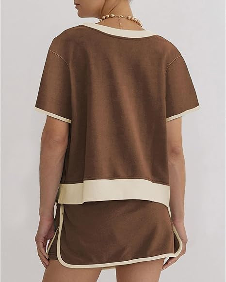 2Pcs Set Colorblock Edge Drop Shoulder T Shirt and Skirt