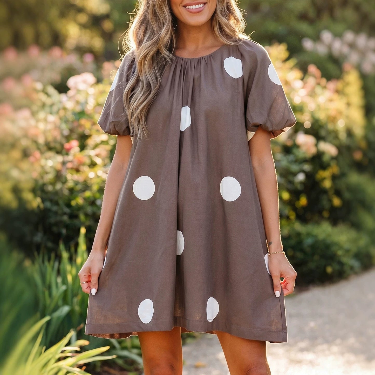 Brown Polka Dot Print Knot Back Short Puff Sleeve Loose Mini Dress