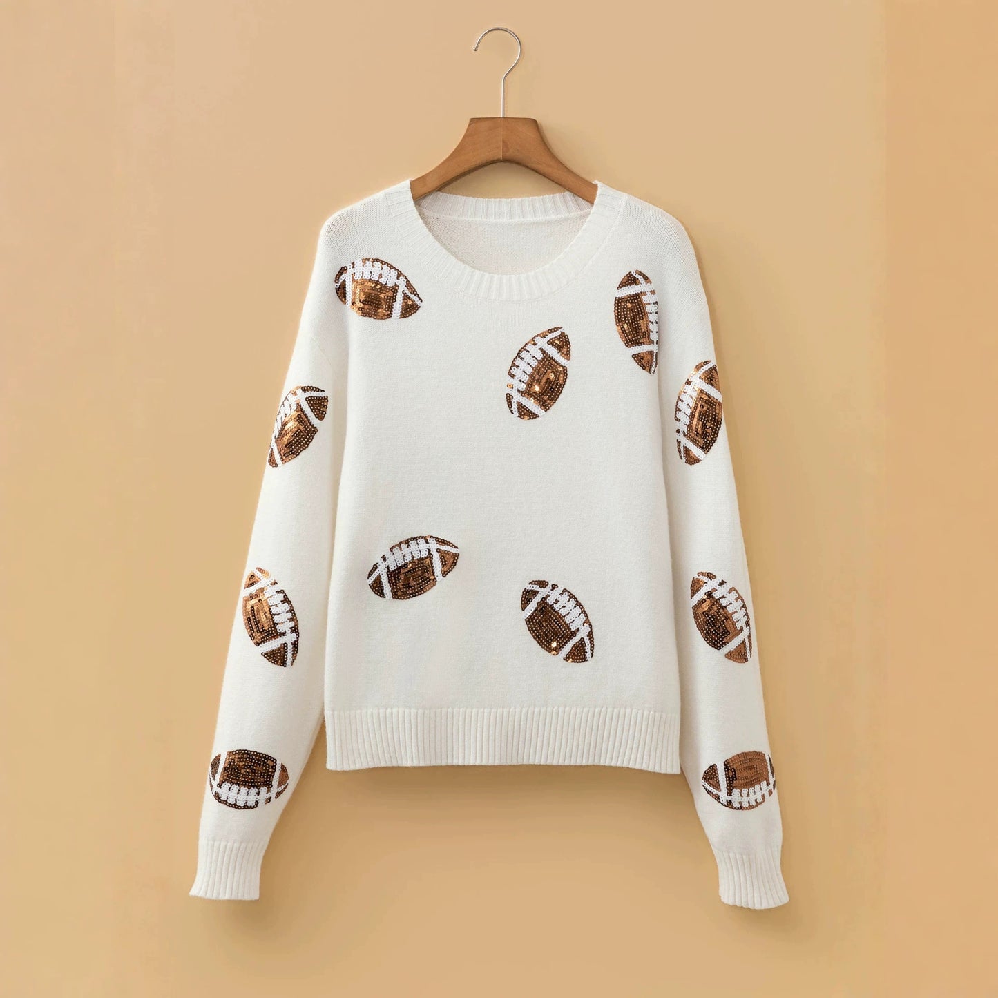 Beige Sequin Football Print Round Neck Long Sleeve Loose Fit Sweater