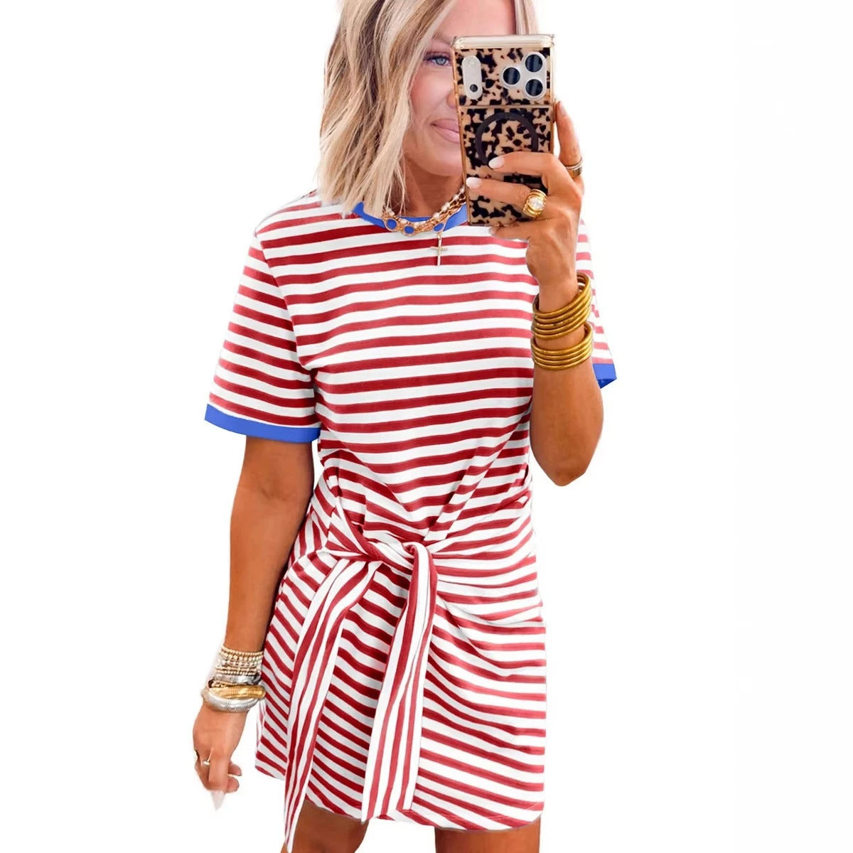 Nautical Tie Contrast Trim Round Neck T Shirt Mini Dress