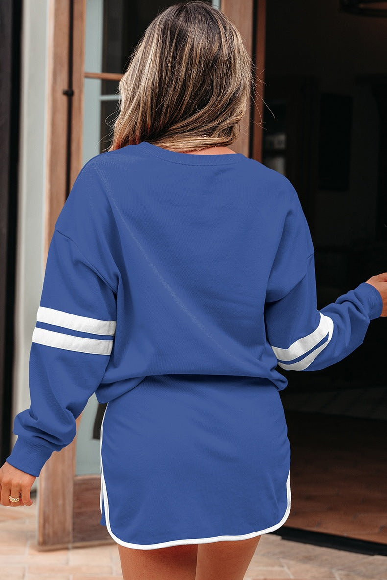 Varsity Stripe Detail Drop Shoulder Pullover Mini Skort Set