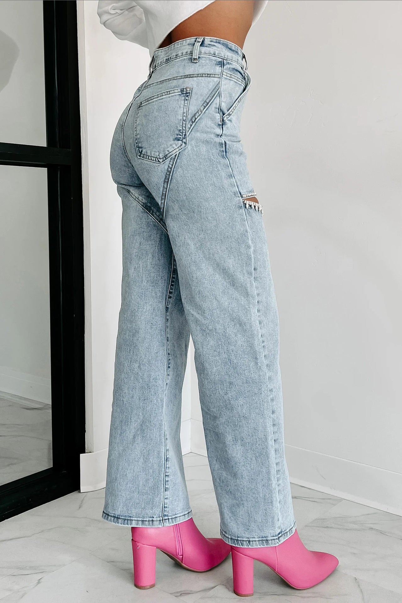 Slit-Front Wide Leg Rhinestone Jeans