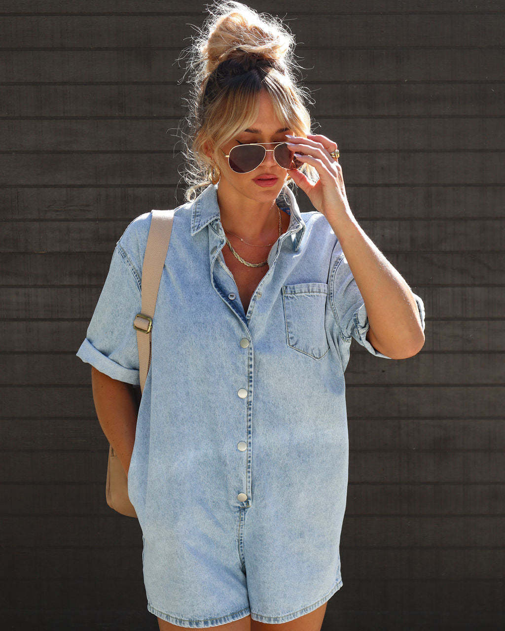 Lapel Short Sleeve Denim Jumpsuit