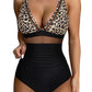 Leopard Mesh Insert V Neck High Waist Monokini