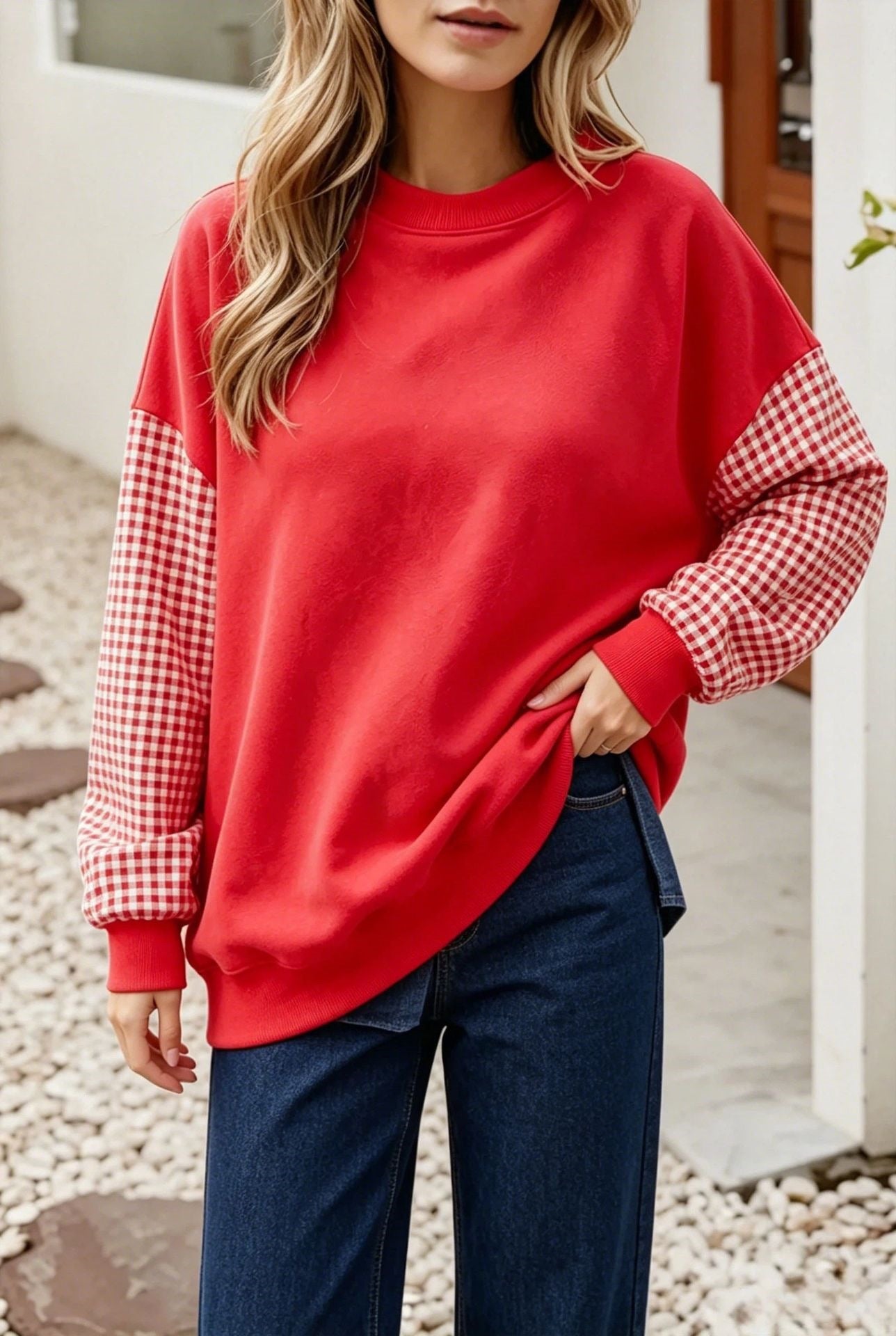 Oversized Gingham Colorblock Long Sleeve Sweatshirt