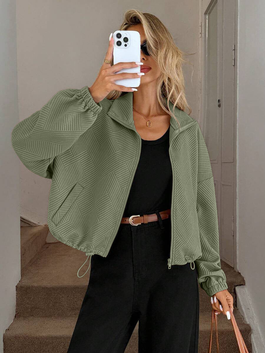 Chic Geometric Textured Zip Up Jacket