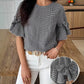 Black Plaid Bow Ruffled Half Sleeve Round Neck Blouse