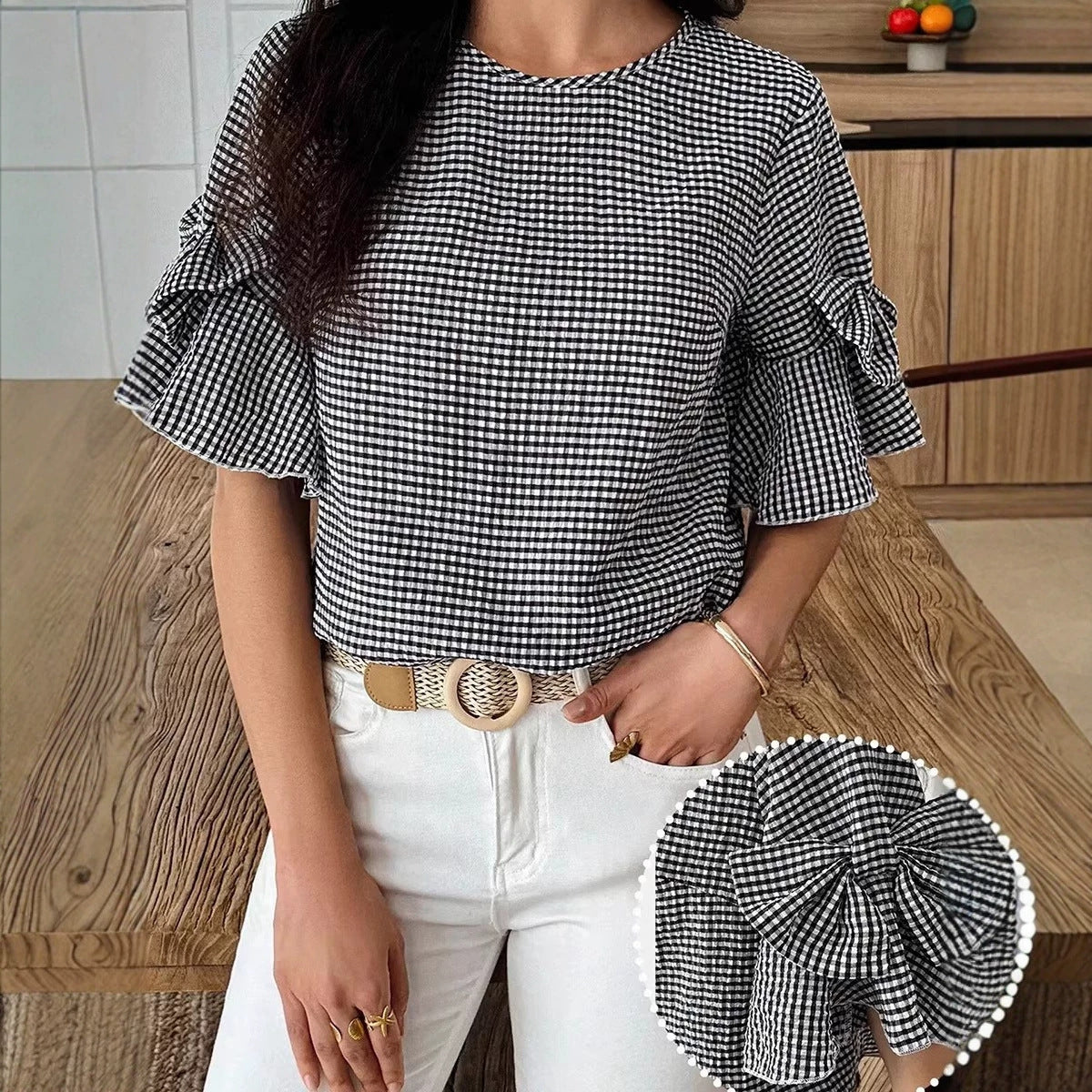 Black Plaid Bow Ruffled Half Sleeve Round Neck Blouse