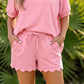 Gossamer Pink Scalloped V Neck Dolman Oversize Top Drawstring Short Set