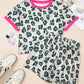 Brown Unique Leopard Print Contrast Trim Top Loose 2pcs Short Set