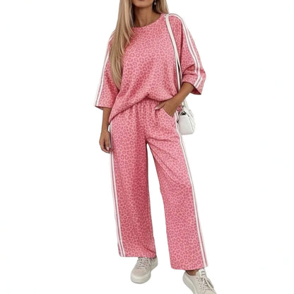 Leopard Print Varsity Striped Detail 3/4 Sleeve Top Shift Pant Set