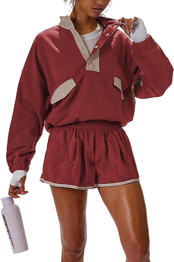 Contrast Color Stitching Long-sleeved Top and Shorts Set(moq2）