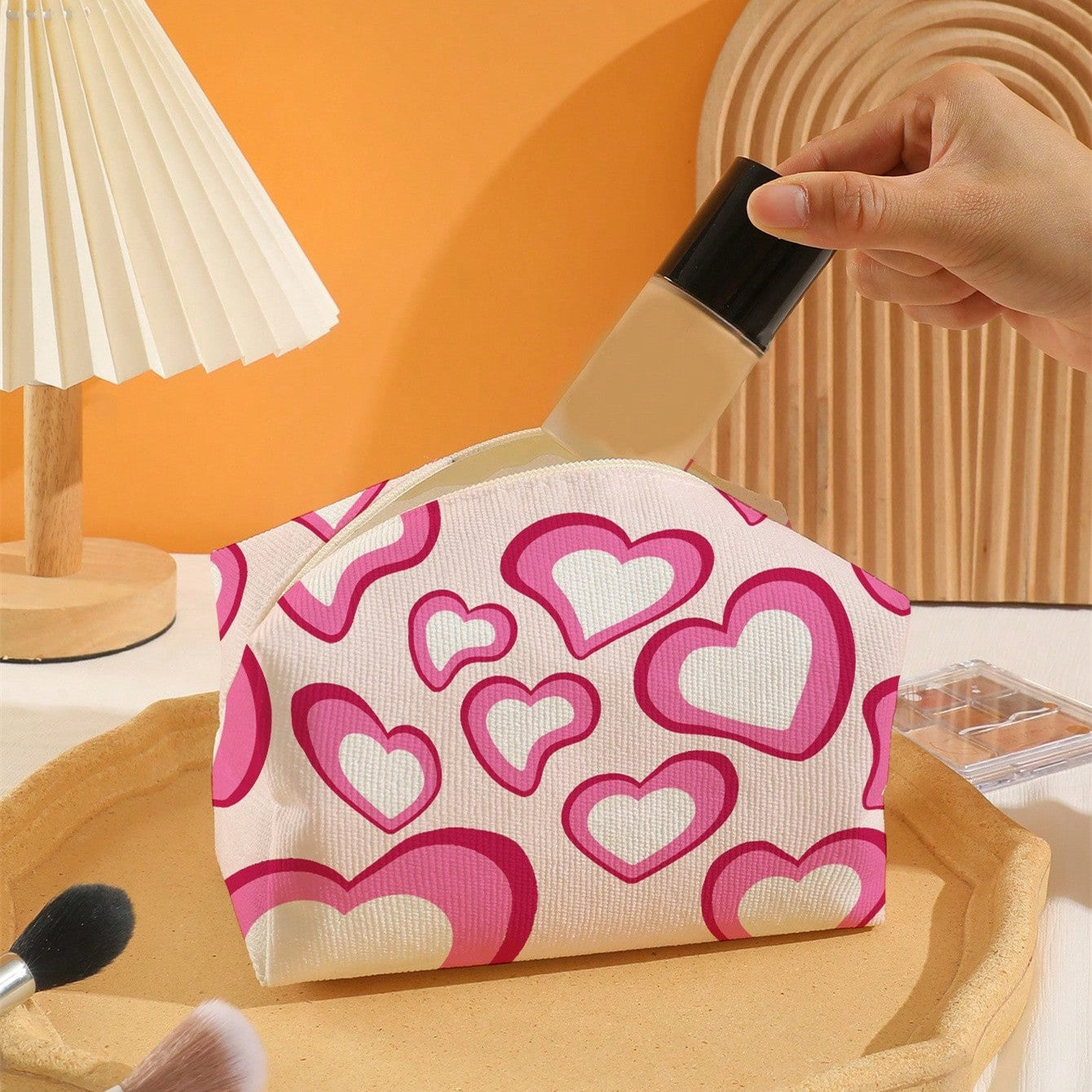 Pink Heart Printed Canvas Cosmetic Bag