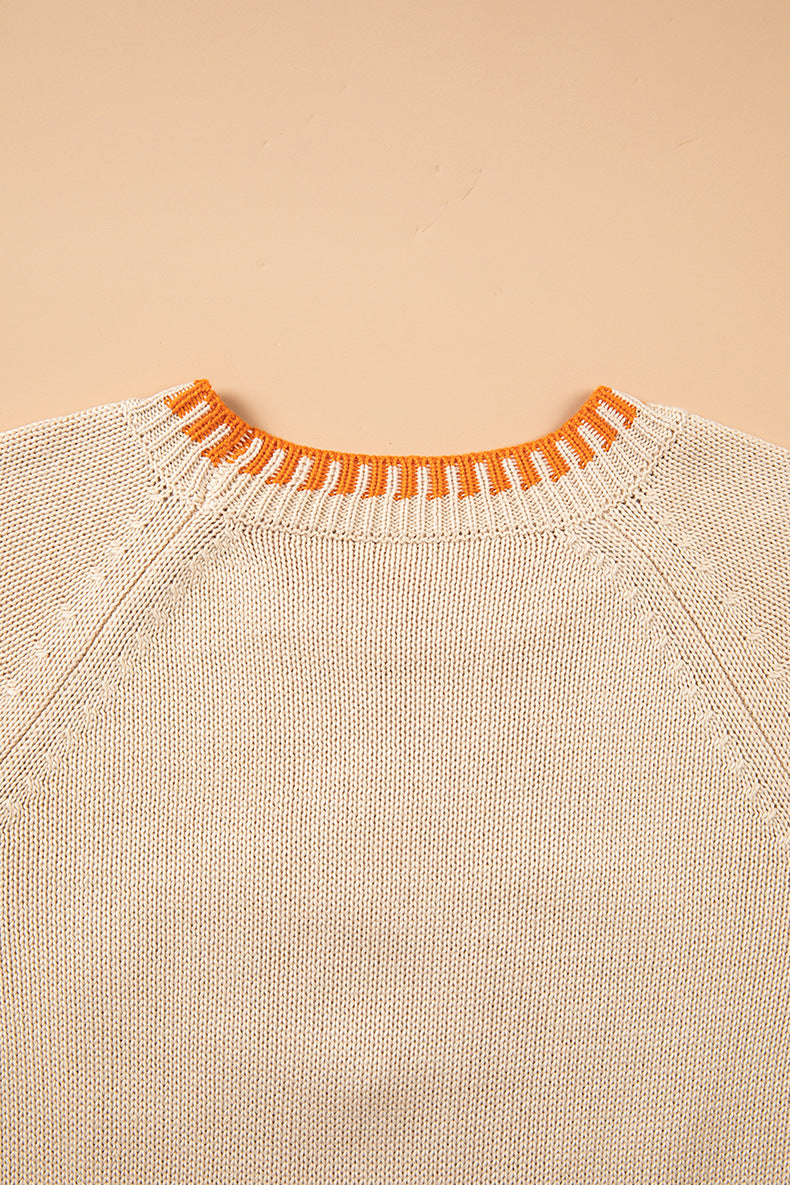 Parchment Floral Embroidery Pumpkin Long Sleeve Round Neck Sweater