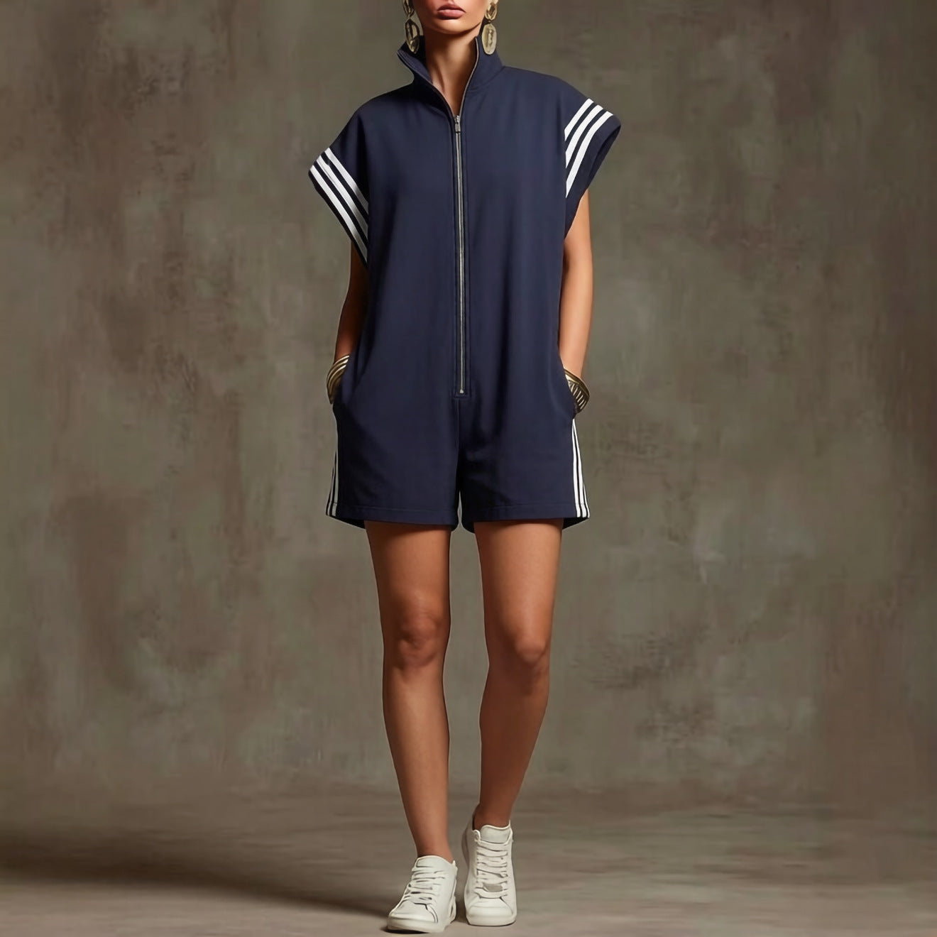 Loose Sleeveless Drawstring Pockets Split-Joint Striped Zipper Stand Collar Rompers