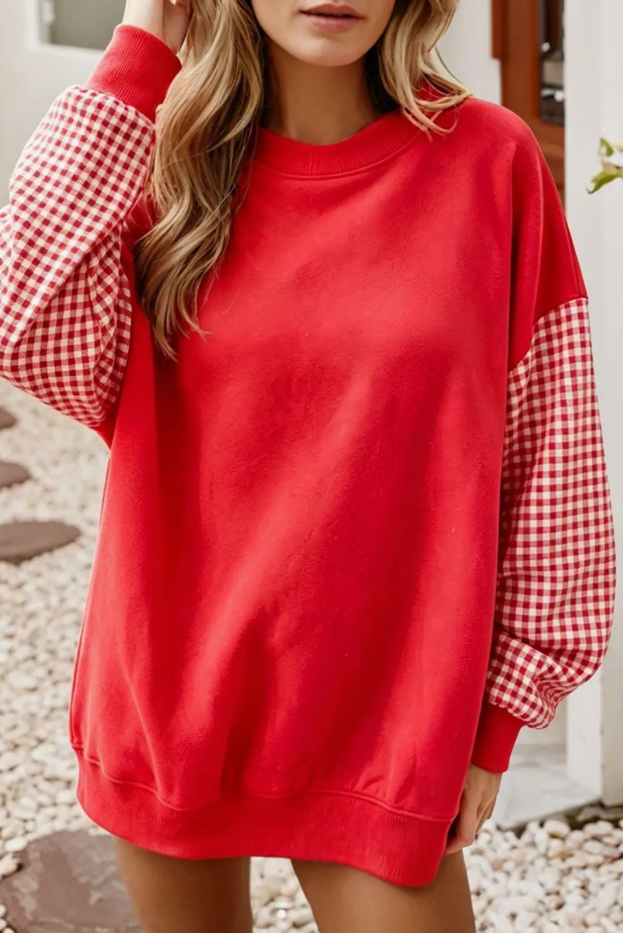 Oversized Gingham Colorblock Long Sleeve Sweatshirt
