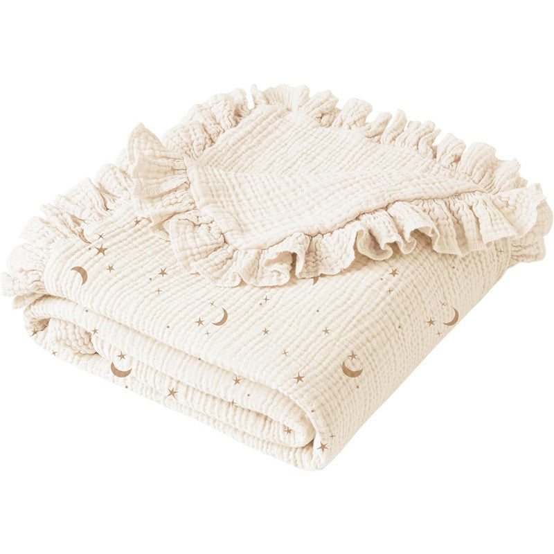 Custom Embroidered Floral Muslin Baby Blanket with Ruffled Trim
