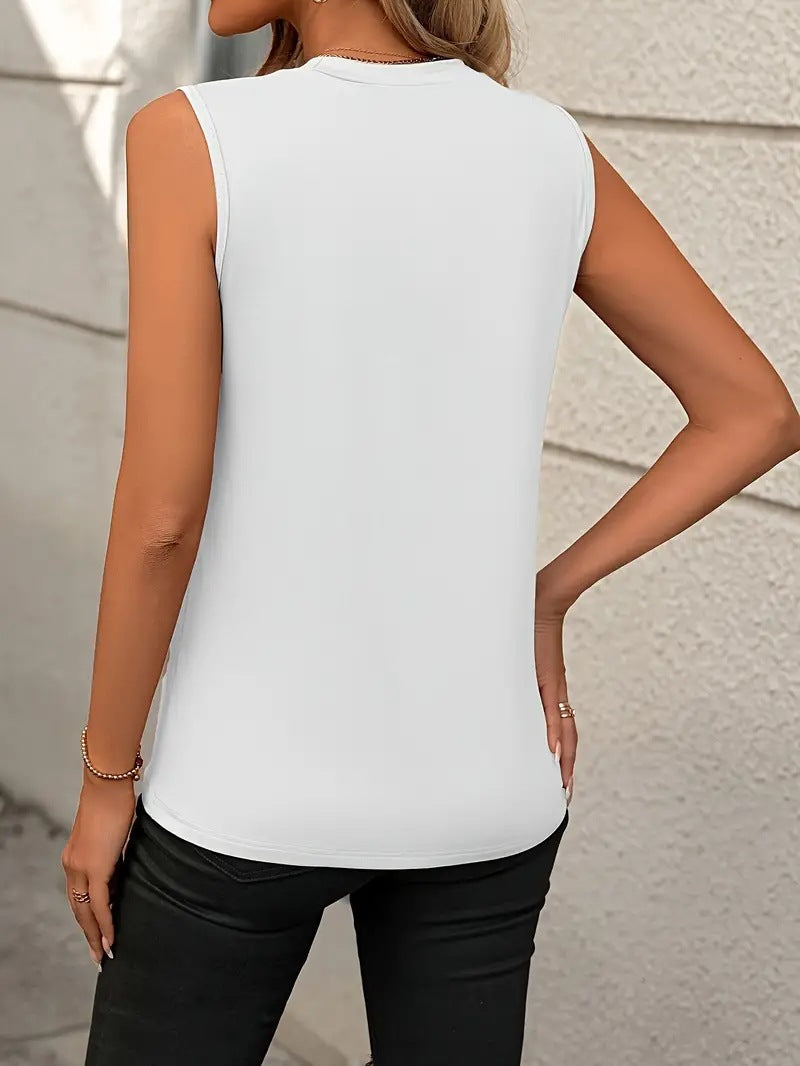 Solid Color Crew Neck Pleated Tank Top