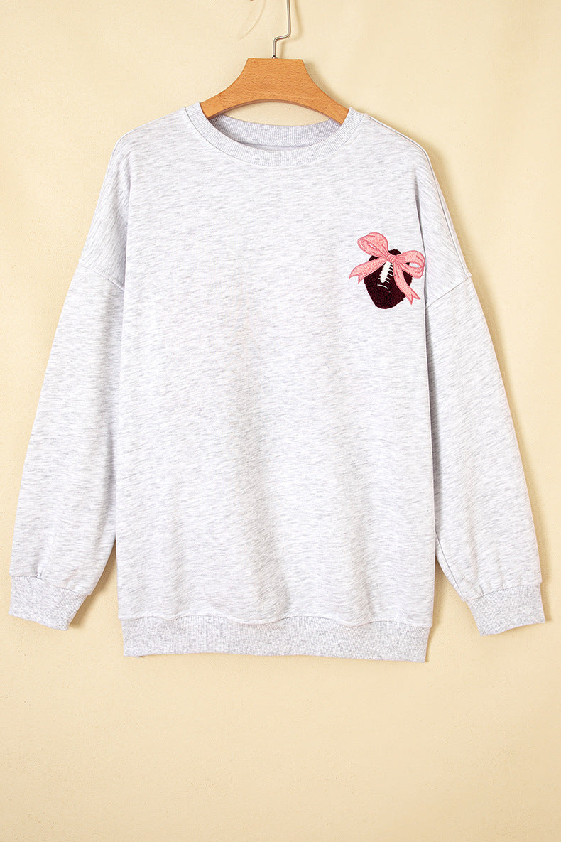 Light Grey Embroidered Football Bow Back Long Sleeve Sweatshirt