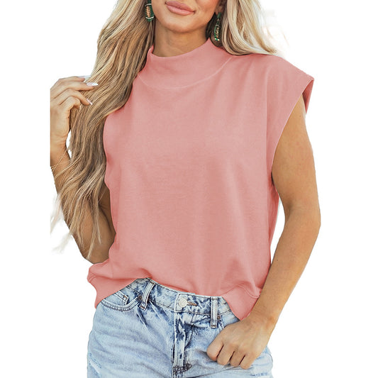 Solid Color High Neck Cap Sleeve Loose Top