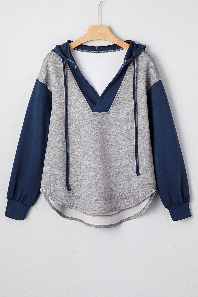 Light Grey Color Block Patchwork V Neck Drawstring Hoodie