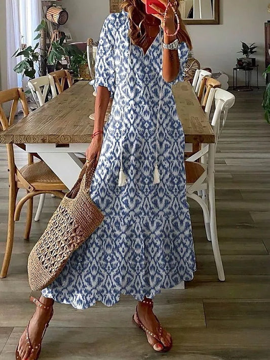 V Neck Tie Printed Resort Maxi Dress