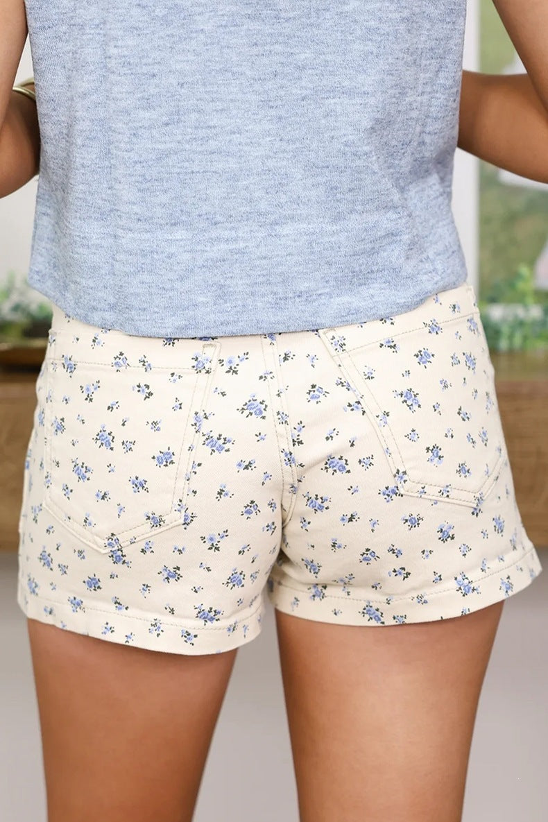 White Floral Casual Cute Denim Shorts