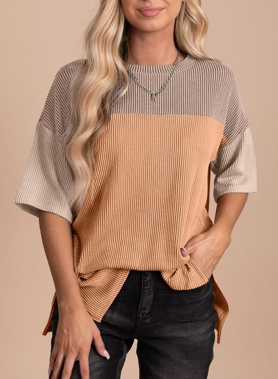 Ribbed Crew Neck Colorblock Top