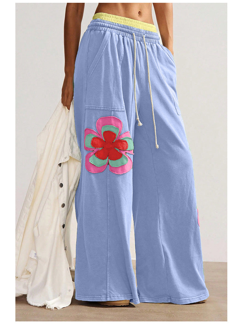 Block Flower Patchwork Drawstring Contrasted Elastic Waist Wide Leg Pants