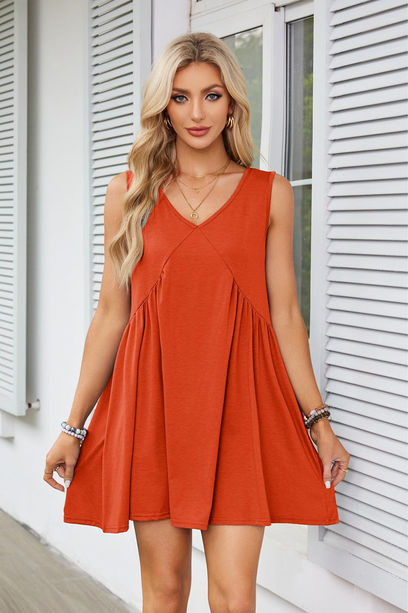 V-neck Sleeveless Pleated Pocket Dress