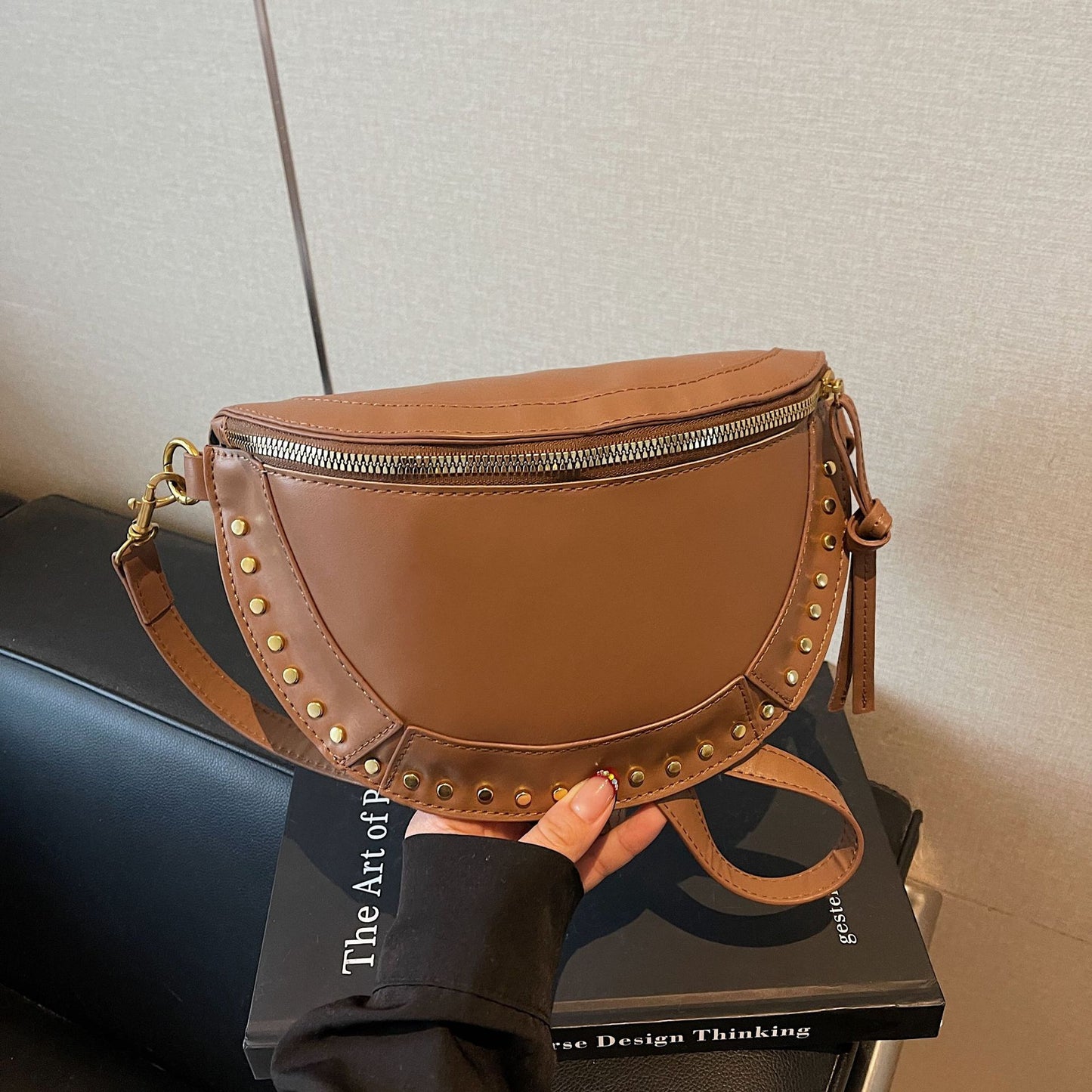 Retro Half Moon Studded Vagen Leather Crossbody Bag