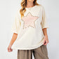 Beige Star Print Stud Detail Cotton Jersey Top