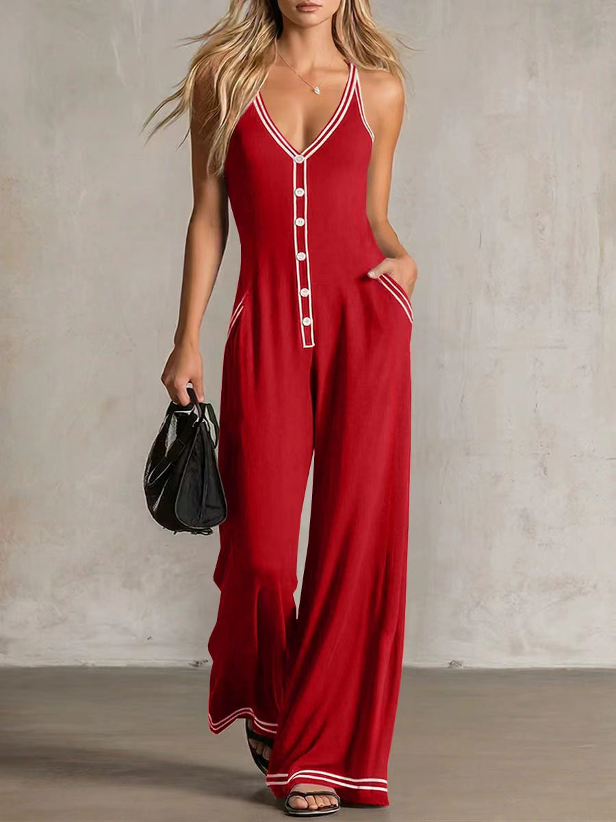 Women's V-Neck Backless Wide-Leg Jumpsuit