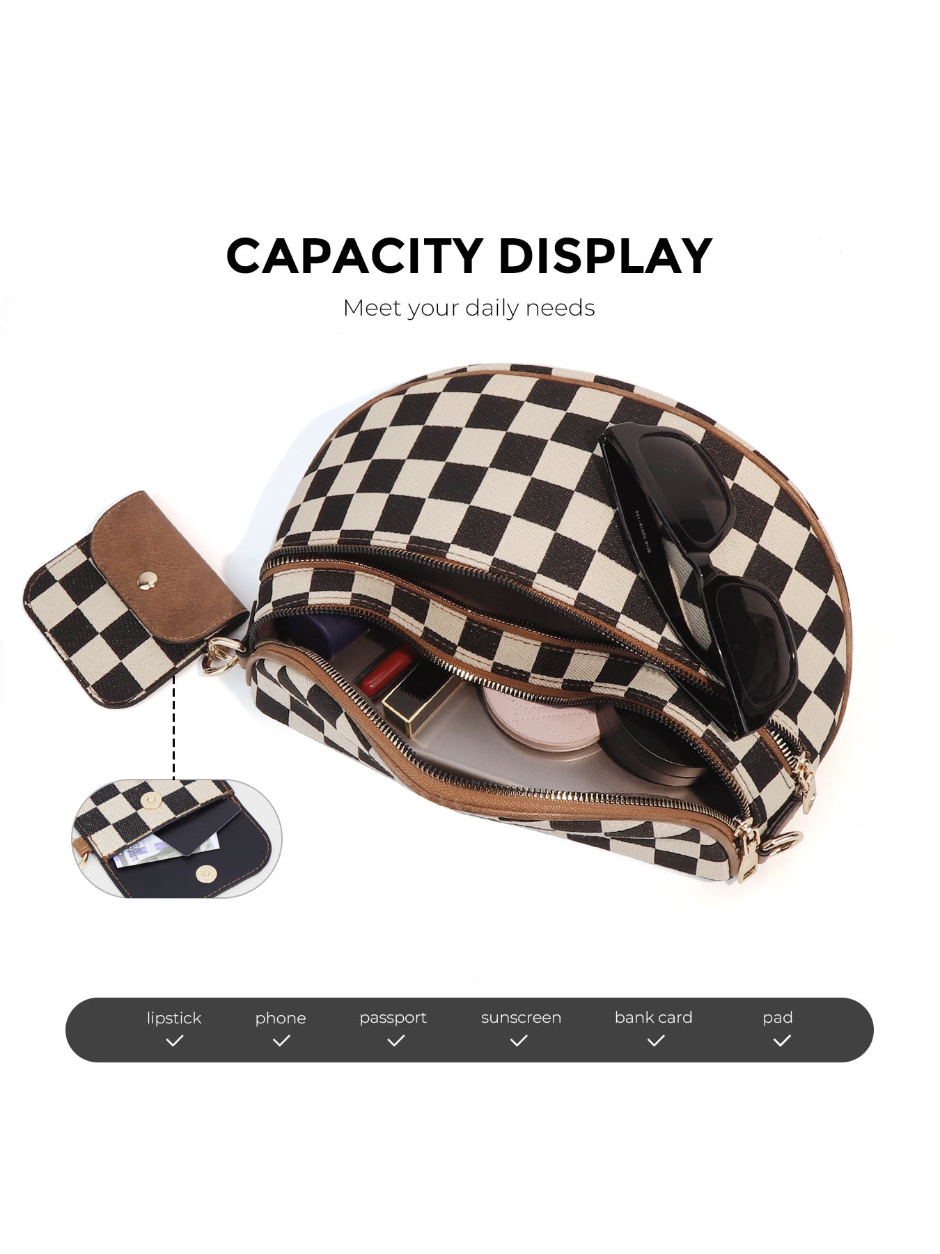 Checkered Crossbody Bag with Detachable Pouch