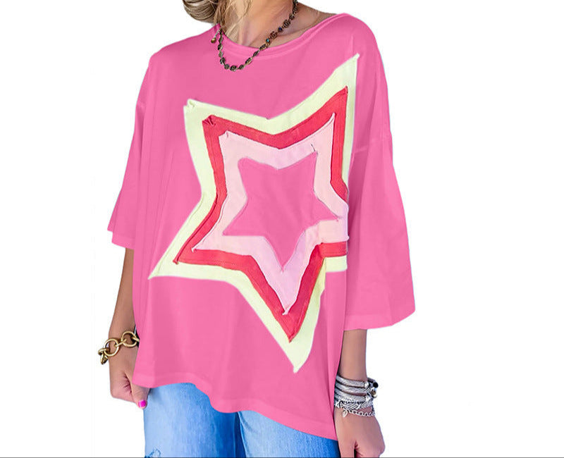Loose Casual Style Printed Short Sleeved Top