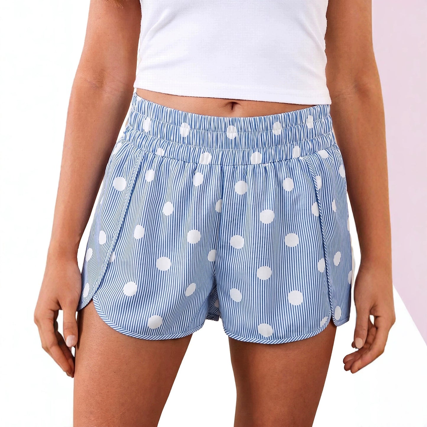 Polka Dot Print Shirred High Waist Casual Shorts
