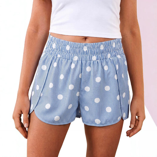 Polka Dot Print Shirred High Waist Casual Shorts