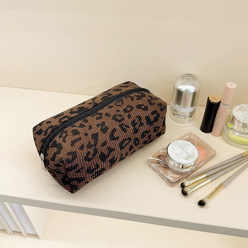 Corduroy Leopard Print Cosmetic Bag