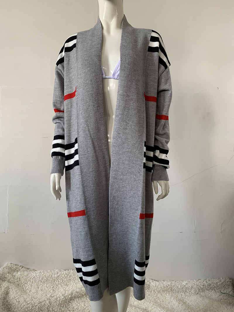 Striped Open Front Longline Sweater Cardigan