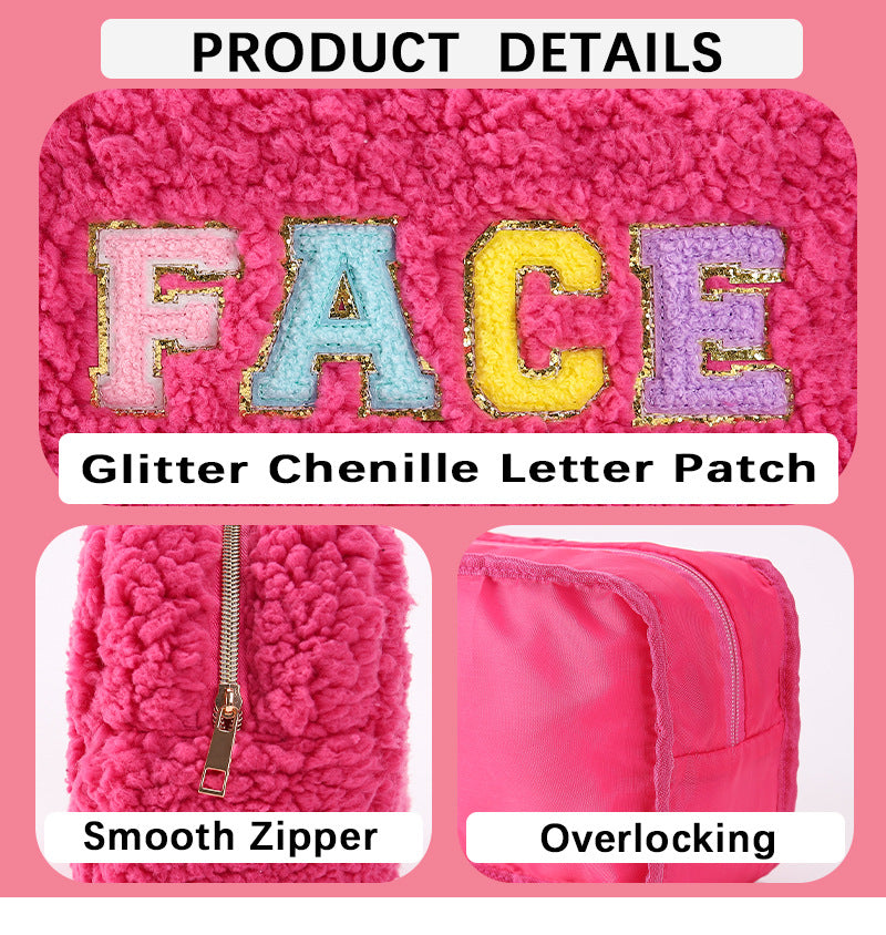 Plush Chenille Embroidered Letter Cosmetic Bag