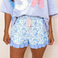Sky Blue Summer Floral Striped Ruffle Hem Lace Tie Shorts