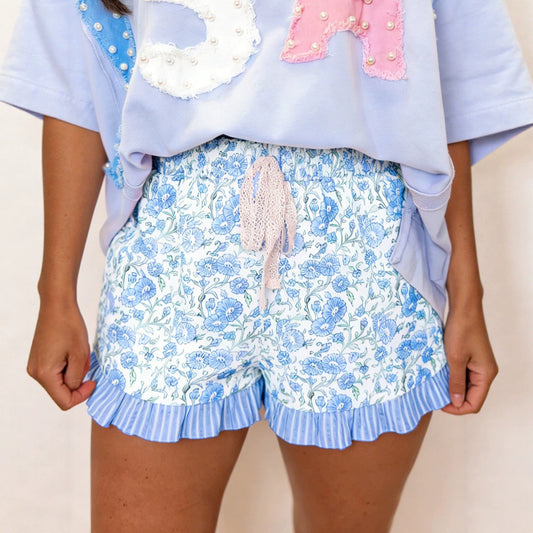 Sky Blue Summer Floral Striped Ruffle Hem Lace Tie Shorts