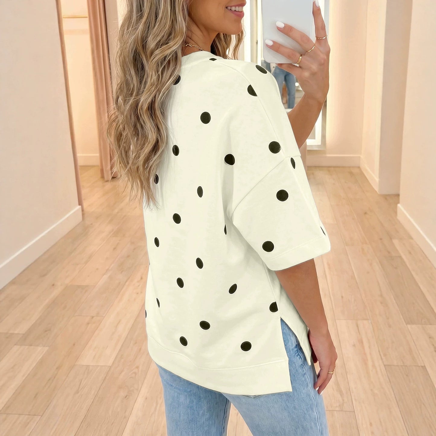 Polka Dot Print Crossed Seam Detail Oversize Tee