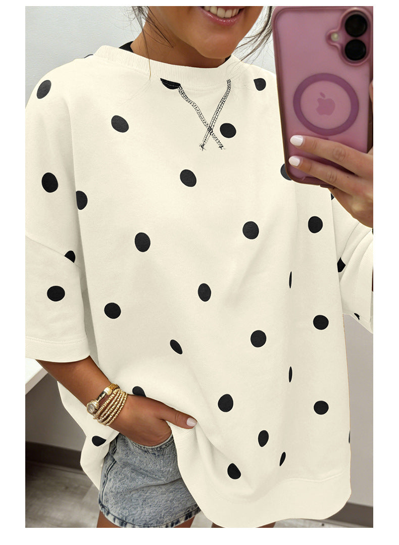Polka Dot Print Crossed Seam Detail Oversize Tee