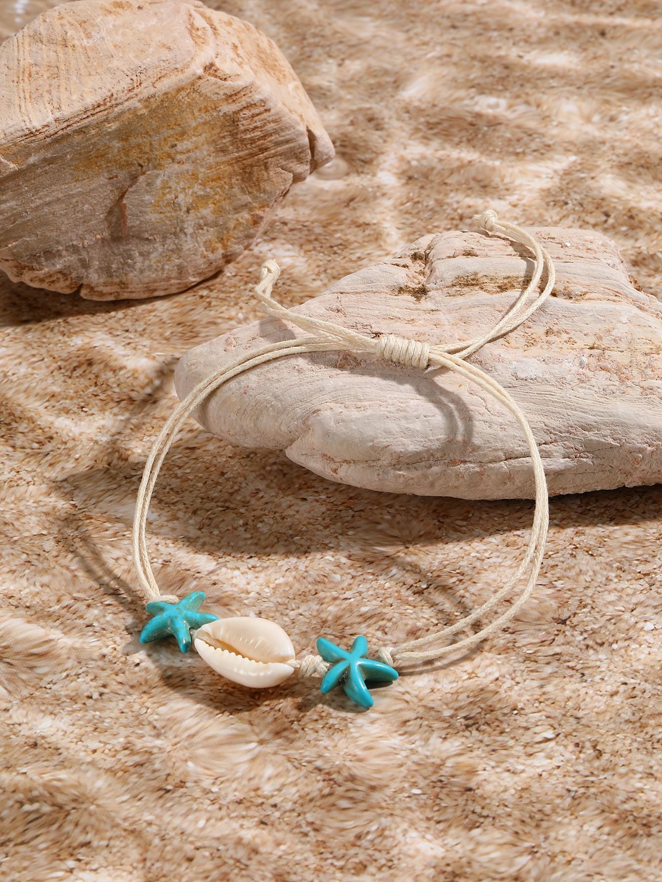Marine Style Starfish Shell Turquoise Shell Beaded Chain Stretch Bracelets
